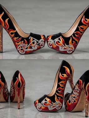 Black And Flame-Embellished High Heel Pumps